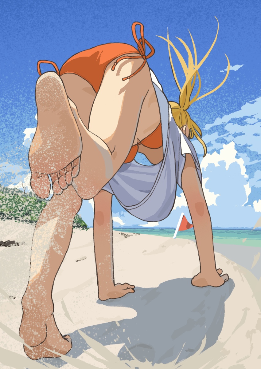 1girl absurdres ass barefoot beach bikini blonde_hair blue_sky cloud feet flag foot_focus from_below hands_on_ground highres loose_clothes loose_shirt mashiro_ka ocean orange_bikini original outdoors sand shirt shore side-tie_bikini_bottom sky soles summer swimsuit toes water white_shirt