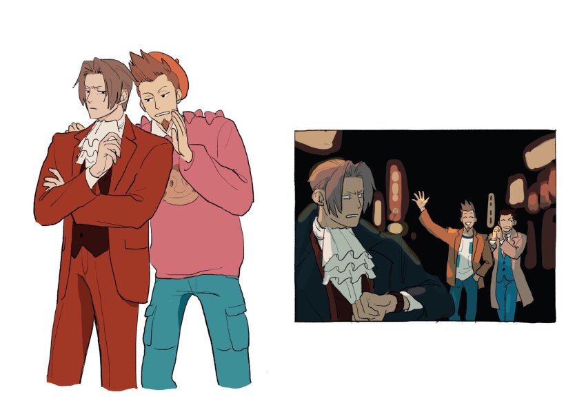 3boys ace_attorney ascot beret black_eyes black_hair bow brown_hair checking_watch coat denim facial_hair formal_clothes frustrated grey_hair hand_in_pocket hat highres jacket jeans larry_butz male_focus miles_edgeworth multiple_boys open_clothes open_coat open_jacket orange_hat orange_jacket pants phoenix_wright pink_sweater red_jacket red_pants red_suit suit sweater waving whispering white_ascot wwwsumiso