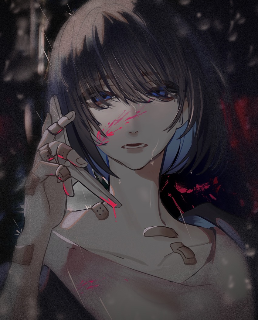 1boy absurdres bandaid bandaid_on_arm bandaid_on_cheek bandaid_on_face bandaid_on_hand bandaid_on_shoulder black_hair black_jacket blood blood_on_face blue_eyes blue_hair character_request chinese_commentary colored_inner_hair commentary_request film_grain gao_tongren_wanjiebufu highres holding holding_phone jacket looking_at_viewer male_focus mole mole_under_eye multicolored_hair outdoors phone rain shirt solo two-tone_hair white_shirt yagiza_no_yuujin