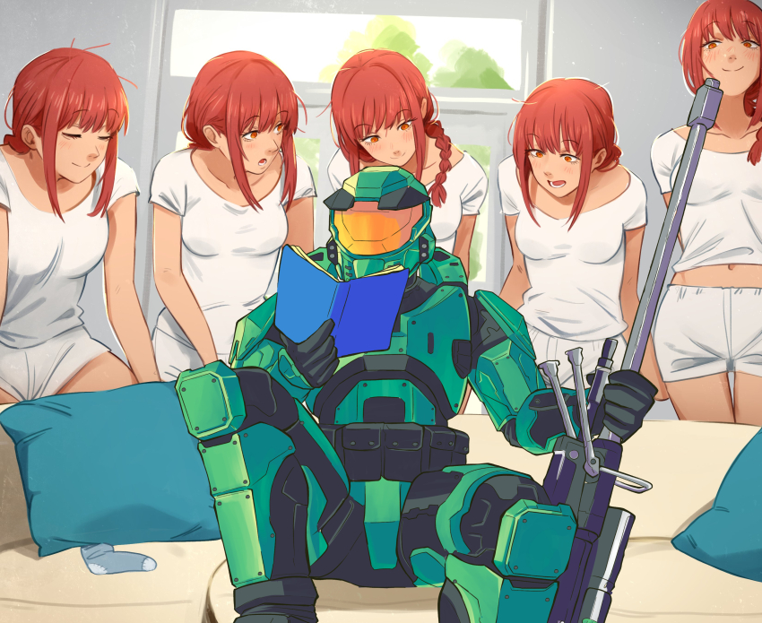 1boy 5girls :o absurdres assault_visor book braid chainsaw_man clone closed_eyes commentary couch cushion day english_commentary green_helmet gun halo:_combat_evolved halo_(series) helmet highres holding holding_book holding_gun holding_weapon indoors jafet_meza khyle. long_hair makima_(chainsaw_man) master_chief meme midriff multiple_girls navel open_mouth orange_eyes piper_perri_surrounded_(meme) reading red_hair rifle shirt short_sleeves shorts sidelocks sitting smile sniper_rifle socks spartan_(halo) standing weapon white_shirt white_shorts window