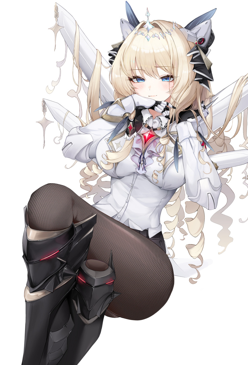 1girl absurdres armored_boots armored_gloves black_pantyhose black_shorts blonde_hair blue_eyes blush boots breasts buttons collared_shirt commentary crossed_legs crown_(nikke) drill_hair english_commentary gem gloves goddess_of_victory:_nikke gold_trim hair_between_eyes hair_ornament hand_in_own_hair hands_up headgear highres large_breasts light_smile long_hair long_sleeves looking_at_viewer pantyhose red_gemstone shirt shorts simple_background sitting solo sun_0205 too_many_drills two-sided_gloves very_long_hair white_background white_gloves white_shirt