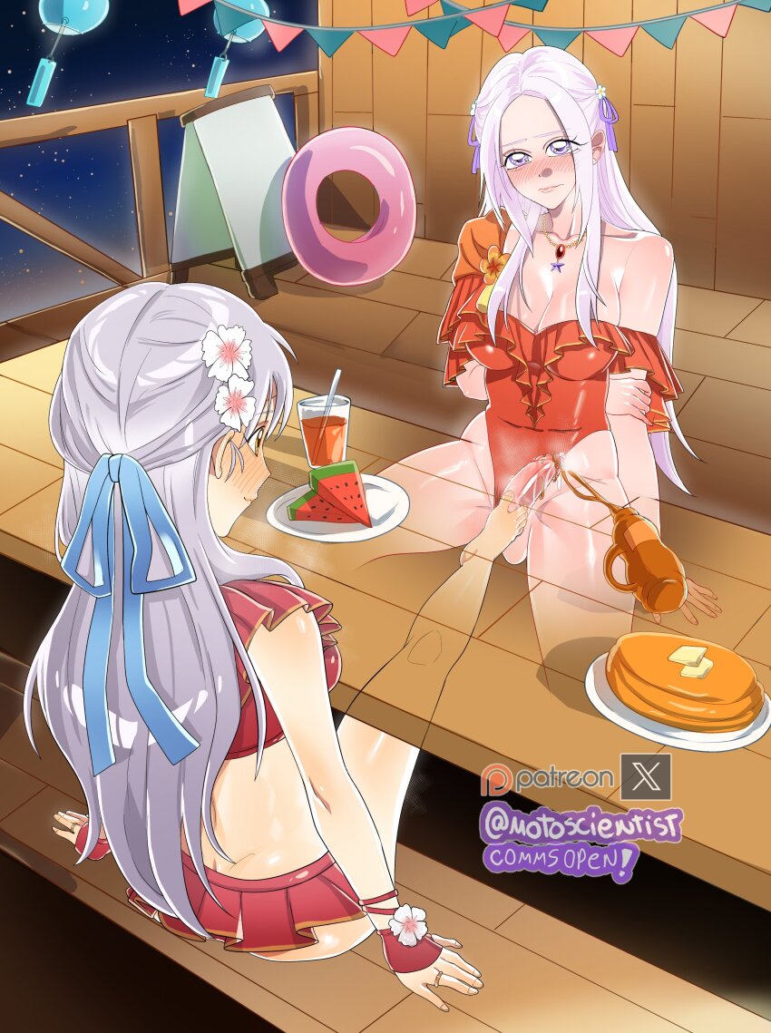 1futa 1girl blush breasts butter edelgard_von_hresvelg edelgard_von_hresvelg_(summer) fire_emblem fire_emblem:_radiant_dawn fire_emblem:_three_houses fire_emblem_heroes flower food footjob futa_with_female futanari hair_flower hair_ornament innertube long_hair medium_breasts medium_penis micaiah_(fire_emblem) micaiah_(wavecrest_maiden)_(fire_emblem) motoscientist night night_sky nintendo official_alternate_costume pancake penis sitting sky swim_ring swimsuit tagme testicles watermelon watermelon_slice white_hair
