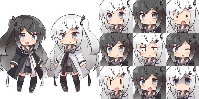 2girls :d ;o allial_(coefont) black_footwear black_hair black_jacket black_shorts blank_eyes blush boots chibi closed_mouth coefont collared_shirt commentary_request fang grey_eyes grey_hair grey_shirt hair_ornament hairclip highres jacket jitome long_hair long_sleeves millial_(coefont) multiple_girls multiple_views one_eye_closed one_side_up open_mouth parted_lips ryogo shirt shorts sleeveless sleeveless_shirt small_sweatdrop smile solid_oval_eyes sweat thigh_boots turn_pale v-shaped_eyebrows very_long_hair white_background white_jacket |_|