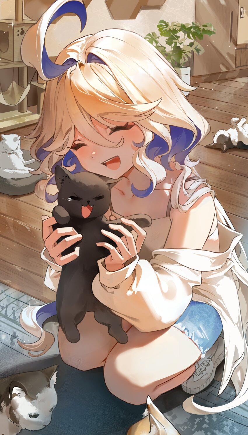 1girl :d ^_^ absurdres ahoge animal bare_shoulders black_cat blue_hair blue_shorts blush cat closed_eyes collarbone dasha denim denim_shorts furina_(genshin_impact) genshin_impact hair_between_eyes highres holding holding_animal long_hair long_sleeves multicolored_hair off_shoulder open_mouth revision shoes shorts smile solo squatting teeth upper_teeth_only very_long_hair white_cat white_hair white_shoes