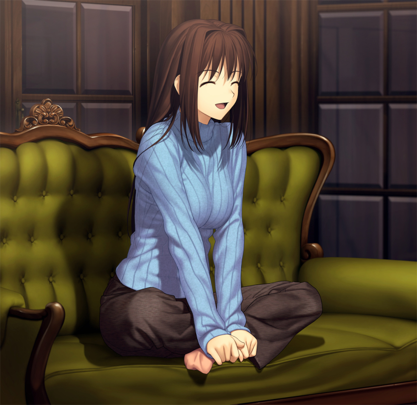 1girl :d ^_^ aozaki_aoko breasts brown_hair closed_eyes couch closed_eyes female_focus game_cg green_upholstery koyama_hirokazu large_breasts long_hair mahou_tsukai_no_yoru official_art open_mouth ribbed_sweater sitting smile solo sweater tufted_upholstery turtleneck