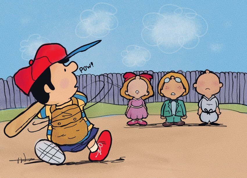 1girl absurdres baseball_bat baseball_cap black_hair blonde_hair bow cartoonized charles_schulz_(style) dress hat highres jeff_andonuts kosmicant male_focus mother_(series) mother_2 multiple_boys ness_(mother_2) nintendo open_mouth parody paula_(mother_2) peanuts_(comic) poo_(mother_2) shirt shoes short_hair shorts skirt smile striped_clothes striped_shirt style_parody toon_(style)