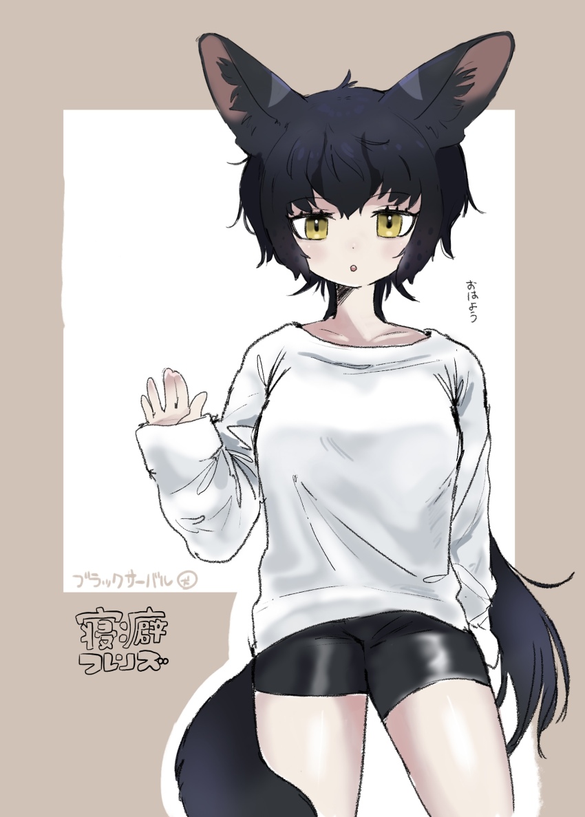 1girl absurdres alternate_costume animal_ears bike_shorts black_hair black_serval_(kemono_friends) black_shorts cat_ears cat_girl cat_tail cowboy_shot hair_between_eyes highres inu_(user_arjr4358) kemono_friends long_sleeves looking_at_viewer shirt short_hair short_shorts shorts sidelocks sleepwear solo t-shirt tail waving white_shirt yellow_eyes