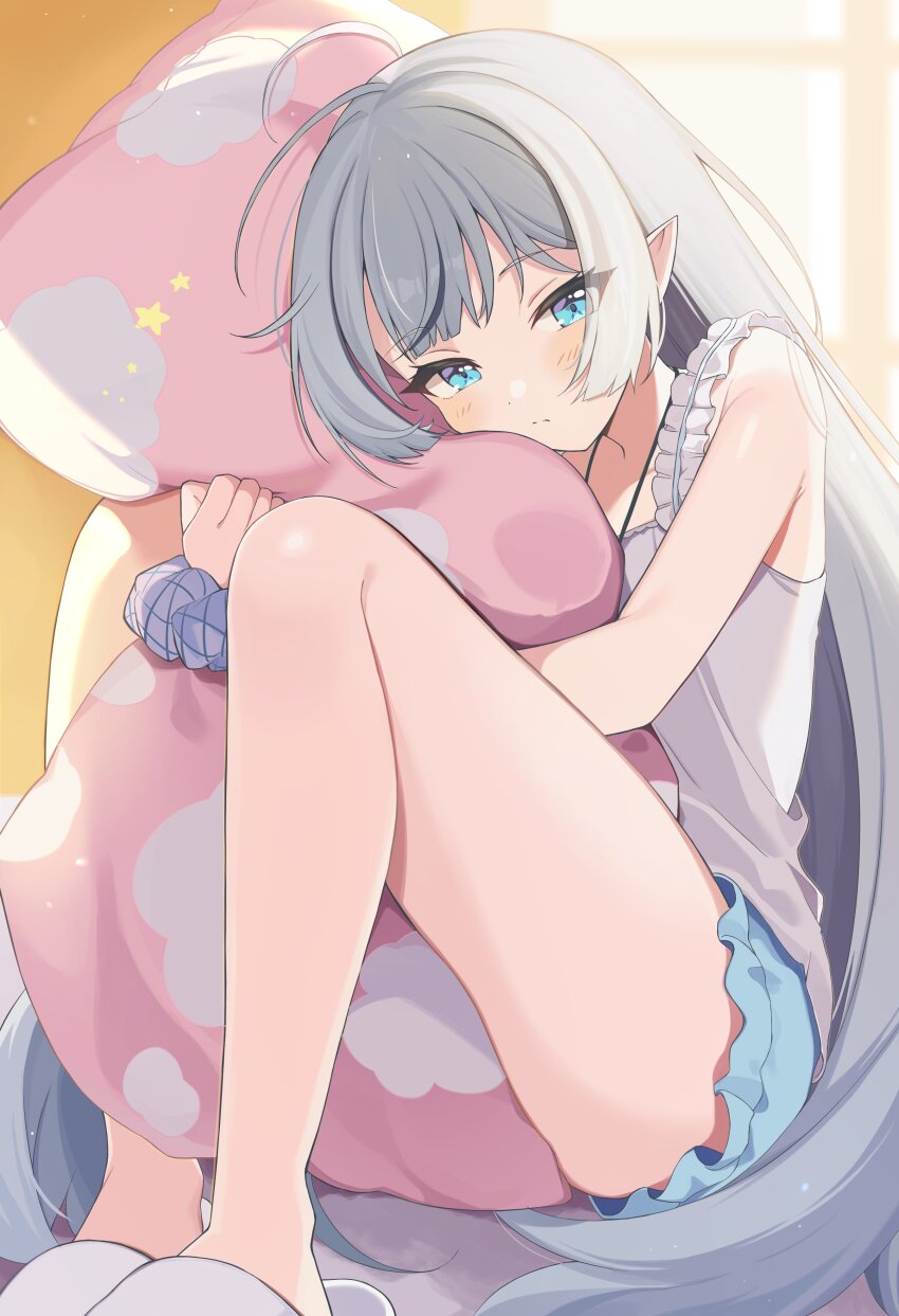 1girl absurdres blue_eyes blue_shorts body_pillow camisole choppy_bangs closed_mouth female_tyrant_(stella_sora) frilled_straps full_body grey_camisole grey_hair hashtag-only_commentary highres hugging_object knees_up legs long_hair looking_at_viewer pillow pointy_ears purple_scrunchie scrunchie shirokuma_(zeroillya) short_shorts shorts sidelocks sitting solo stella_sora straight_hair tyrant_(stella_sora) wrist_scrunchie