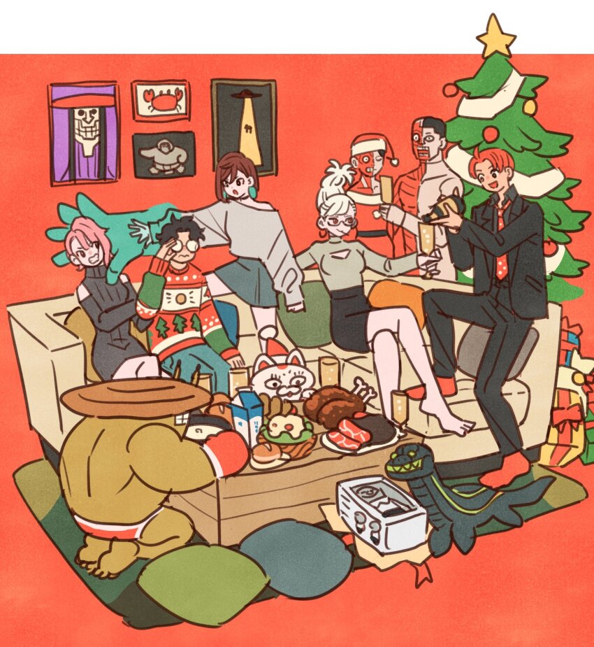 2boys 3girls acrobatic_silky_(dandadan) animal ayase_momo ayase_seiko black_dress black_hair black_suit box boxing_gloves boxing_shorts cat christmas_sweater christmas_tree clenched_hand commentary couch creature crossed_legs cup dandadan dress earrings earthbound_spirit_crab_(dandadan) elbow_gloves enjoji_jin flatwoods_monster_(dandadan) flying_saucer food formal_clothes gift gift_box glasses gloves hair_between_eyes hat high_ponytail highres holding holding_cup jewelry meat medium_hair mr._mantis_shrimp multiple_boys multiple_girls necktie nessie_(dandadan) on_couch pillow pink_hair plesiosaur ponytail red_background red_necktie red_socks santa_hat serpo_(dandadan) shiratori_aira_(dandadan) shirt shorts simple_background socks spacecraft suit takakura_ken_(dandadan) takeuchi_ryousuke taro_(dandadan) turbo_granny_(dandadan) white_hair white_shirt