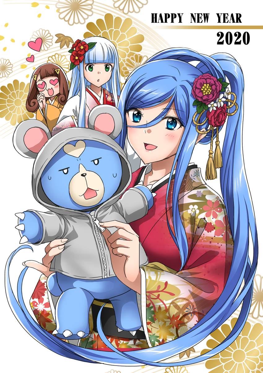 3girls :&lt; aoki_hagane_no_arpeggio blue_eyes blue_hair brown_hair female_focus flower green_eyes hair_flower hair_ornament happy_new_year heart heart-shaped_eyes highres hood hyuuga_(aoki_hagane_no_arpeggio) iona_(aoki_hagane_no_arpeggio) itsuki_sayaka japanese_clothes kimono kirishima_(aoki_hagane_no_arpeggio) long_hair multiple_girls new_year takao_(aoki_hagane_no_arpeggio) yotarou_(aoki_hagane_no_arpeggio) yukata