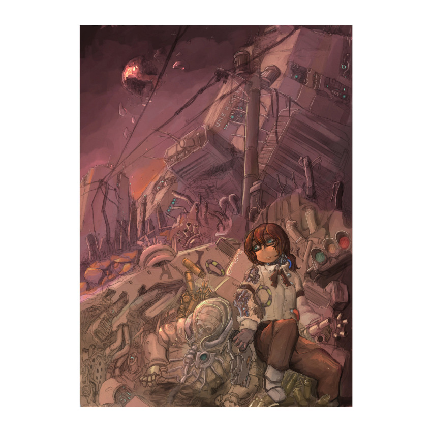 1girl absurdres atla_(the_citadel) beyond_citadel brown_hair brown_pants bullet cyborg destruction doekuramori game_cg glasses green_eyes gun handgun hiding highres long_sleeves moon non-web_source official_art pants ponytail prosthesis prosthetic_arm shirt shoes skeleton solo spacecraft the_citadel torn_clothes torn_sleeves traffic_light weapon white_shirt white_shoes