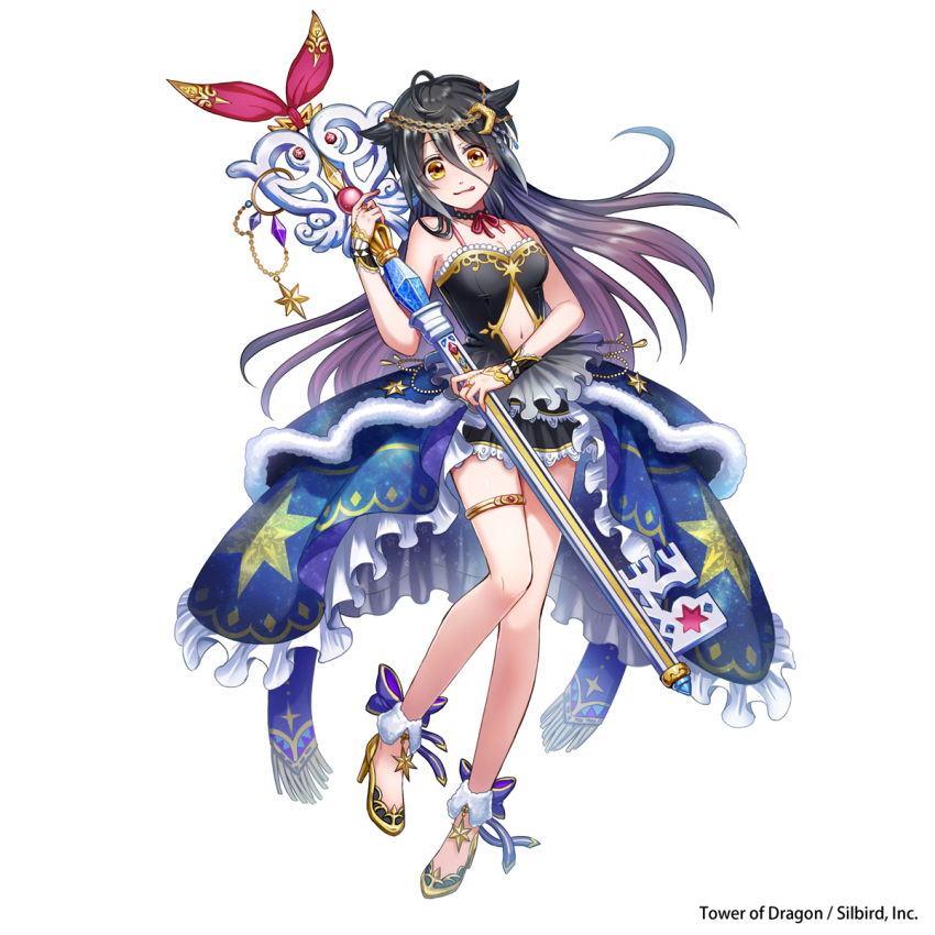 1girl ahoge bare_shoulders black_hair black_skirt blue_skirt breasts brown_eyes choker cleavage copyright_name female_focus full_body high_heels highres holding holding_key key long_hair looking_at_viewer medium_breasts navel official_art skirt solo standing standing_on_one_leg tower_of_dragon yamabuki_kanon