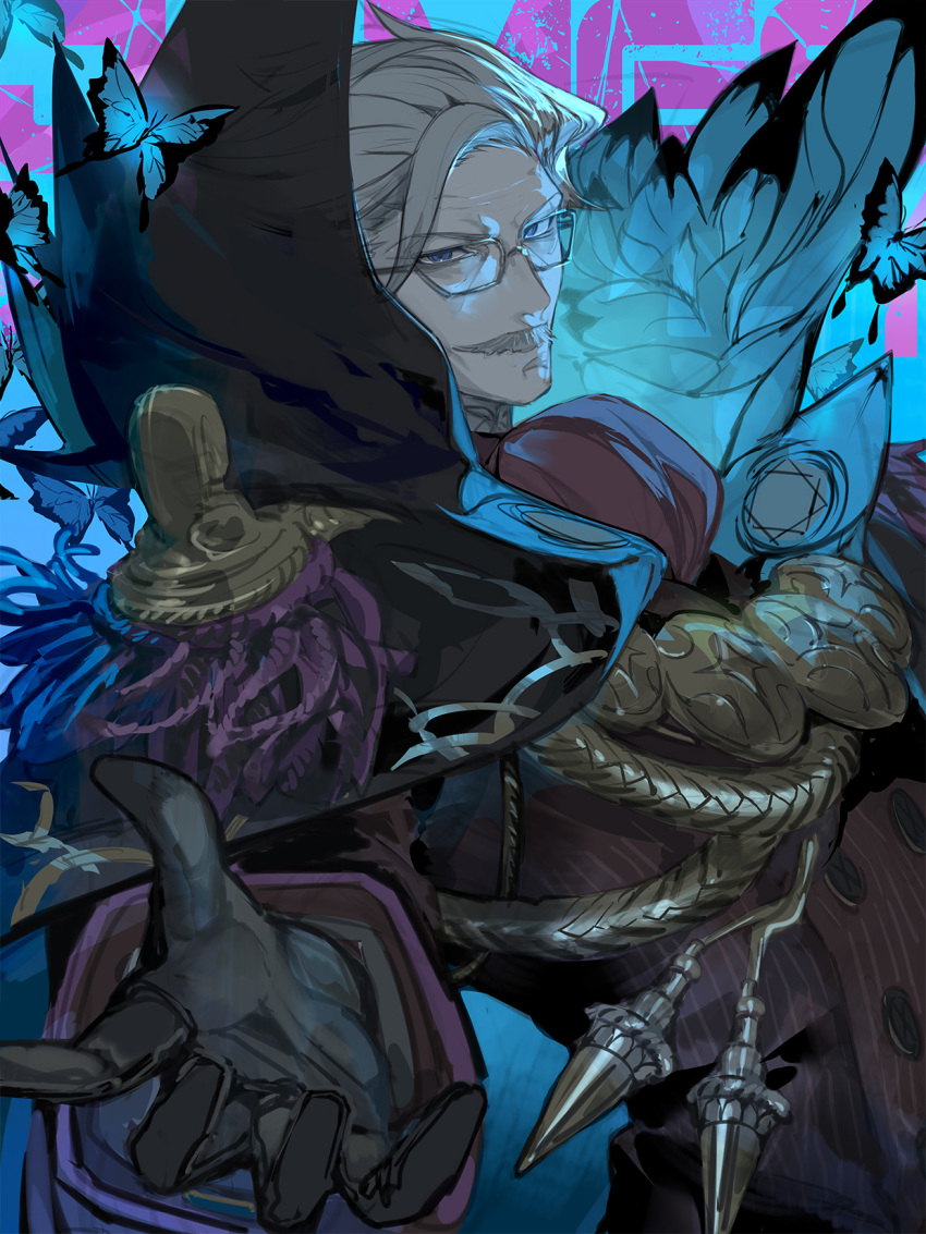 1boy ascot black_gloves blue_butterfly blue_eyes bug butterfly facial_hair fate/grand_order fate_(series) formal_clothes glasses gloves grey_hair high_collar highres insect james_moriarty_(archer)_(fate) male_focus mustache striped_suit suit suzuhi_(fullprayer)