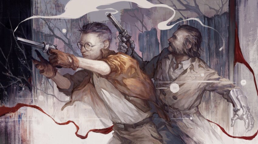 2boys beard belt black_hair brown_gloves brown_hair buttons chanasykine coat commission disco_elysium double-breasted facial_hair gauntlets glasses gloves gun handgun harry_du_bois highres holding jacket kim_kitsuragi multiple_boys orange_jacket revolver shirt smoke smoking_barrel trench_coat weapon white_shirt
