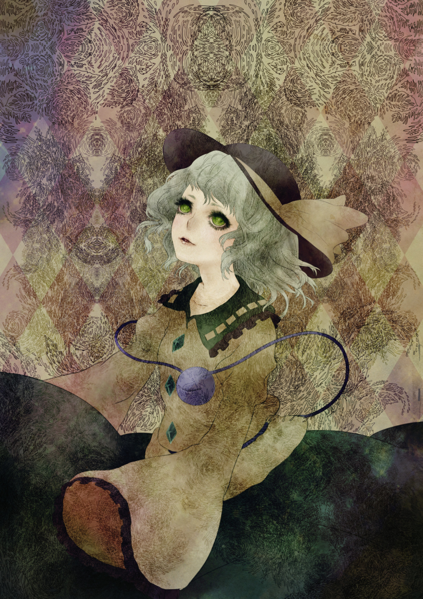 1girl bad_id bad_pixiv_id bunchin empty_eyes eyelashes female_focus green_eyes hat highres komeiji_koishi long_sleeves sleeves_past_wrists solo touhou wide_sleeves