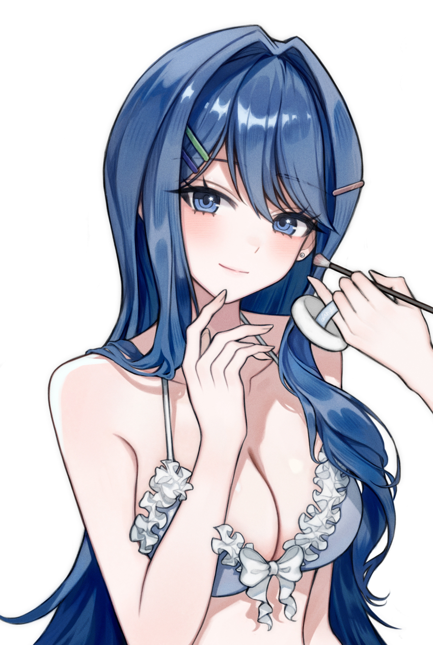 1girl absurdres bare_shoulders bikini blue_eyes blush breasts cleavage collarbone danganronpa:_trigger_happy_havoc danganronpa_(series) danganronpa_s:_ultimate_summer_camp frilled_bikini frills green_eyes hair_intakes hair_ornament hairclip hamu_(ishamu) highres holding large_breasts long_hair looking_at_viewer maizono_sayaka official_alternate_costume simple_background smile solo_focus swimsuit white_background