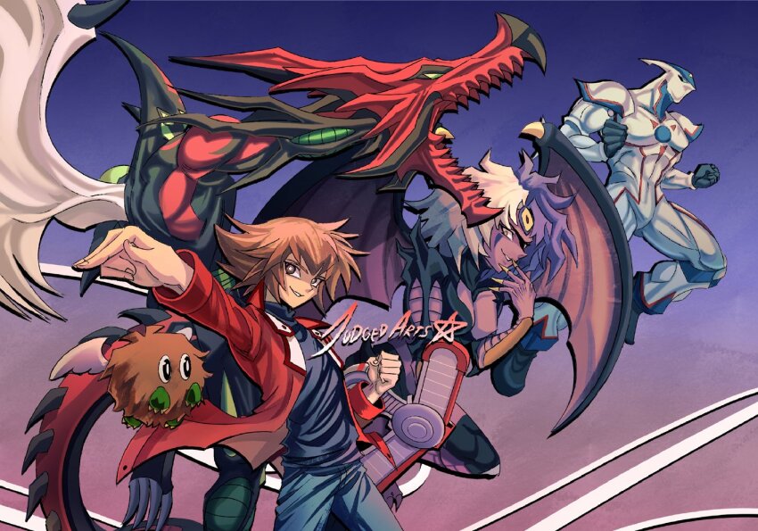 angel_wings blue_hair brown_eyes brown_hair claws collared_jacket demon_girl demon_wings dragon_horns duel_academy_uniform_(yu-gi-oh!_gx) duel_disk duel_monster elemental_hero_flame_wingman elemental_hero_neos horns jacket judgedarts multicolored_hair pointing red_jacket smile third_eye white_hair winged_kuriboh wings yu-gi-oh! yu-gi-oh!_gx yubel yuki_judai