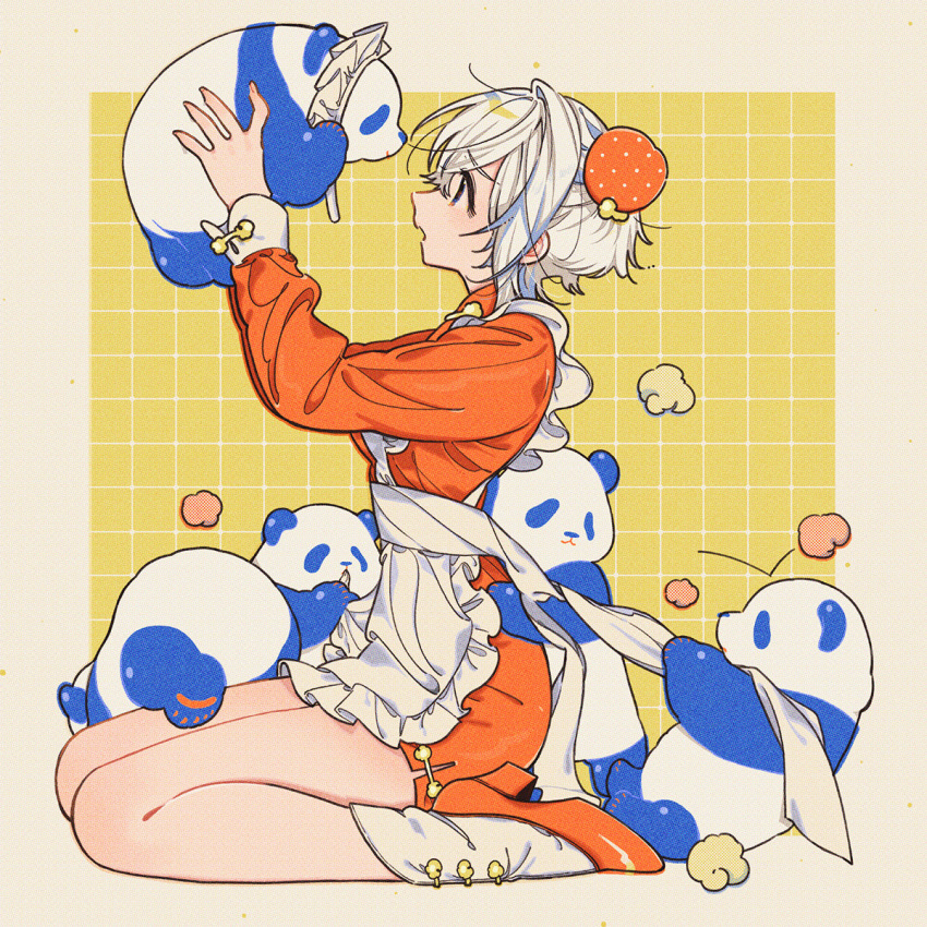1girl animal apron bun_cover from_side hair_bun high_heels highres holding holding_animal keishin long_sleeves maid maid_apron orange_shoes original panda shoes short_hair sitting solo wariza white_hair
