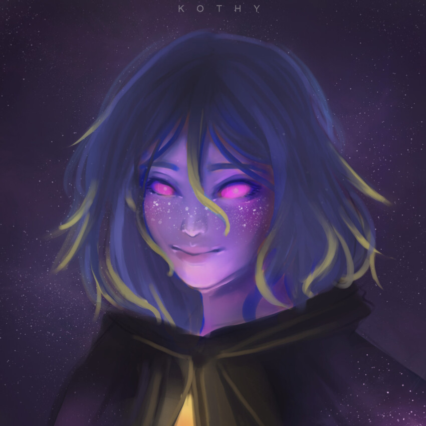 artist_name black_cloak blue_hair blurry cloak colored_sclera colored_skin dana_(kothy) dark_blue_hair depth_of_field divine_being facing_viewer hair_between_eyes highres kothy light_smile looking_at_viewer medium_hair original pink_eyes pink_sclera purple_skin smile solo space star_(sky)