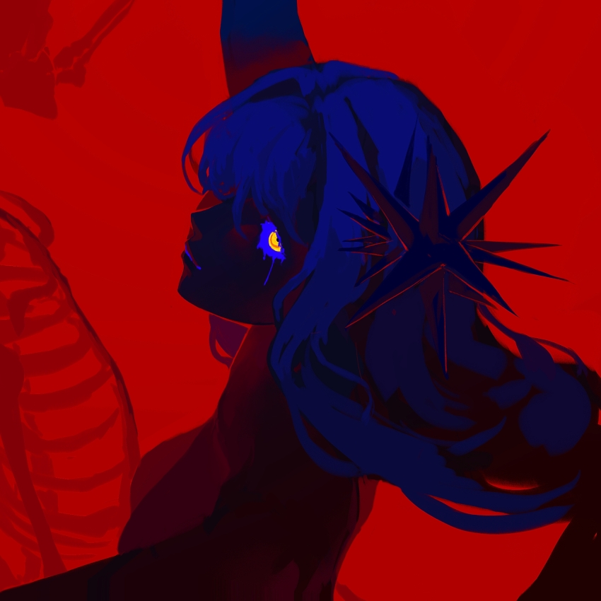 1girl arcana_(reverse:1999) blue_hair blue_sclera breasts colored_sclera colored_tears eyed_silhouette hegai highres long_hair looking_at_viewer medium_breasts red_background reverse:1999 silhouette skeleton solo upper_body wand_in_head yellow_eyes