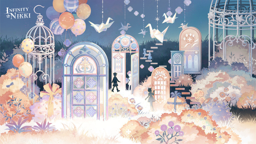 1boy 2girls artist_request balloon birdcage blue_sky blush cage copyright_name dusk flower grass highres infinity_nikki logo looking_back multiple_girls nikki_(series) official_art official_wallpaper open_door origami outdoors paper_crane purple_flower ribbon second-party_source silhouette sky stairs standing star_(sky) starry_sky surreal walking yellow_ribbon
