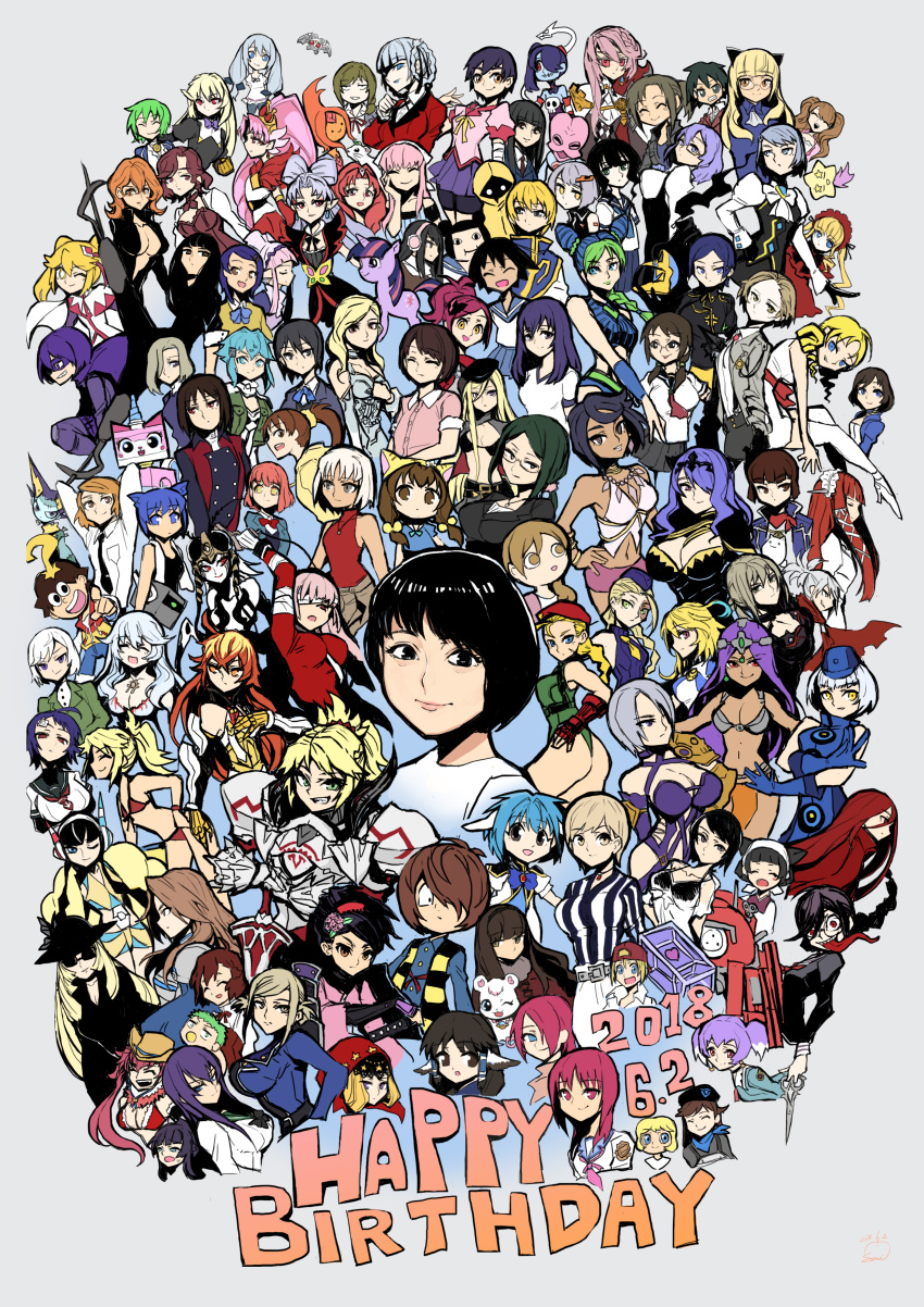 6+girls absurdres ace_attorney adventure_time annotation_request armor artemis_(fate) backwards_hat beret black_hair black_necktie blonde_hair blue_eyes blue_gloves blue_hair bow bowtie brown_eyes brown_hair camilla_(fire_emblem) cammy_white catherine_(atlus_character) catherine_(game) character_request collared_shirt copyright_request cowboy_hat danganronpa_(series) elesa_(pokemon) elizabeth_(bioshock_infinite) elizabeth_(persona) english_text fate/grand_order fate_(series) fire_emblem flame_princess florence_nightingale_(fate) forehead_jewel franziska_von_karma fukawa_toko gazelle_(kingsman) gegege_no_kitarou gekkan_shoujo_nozaki-kun genocider_shou glasses gloves green_eyes green_hair grey_background hair_ornament hair_over_one_eye hair_tubes happy_birthday hat highres hit-girl holding holding_scissors hunter_x_hunter isabella_valentine kick-ass kingsman:_the_secret_service kurapika light_blue_hair mordred_(fate) mordred_(swimsuit_rider)_(fate) mordred_(swimsuit_rider)_(first_ascension)_(fate) multiple_girls my_little_pony my_little_pony:_friendship_is_magic nanami_haruka navel necktie nintendo olivia_(pokemon) one_eye_closed open_mouth orange_hair persona persona_3 pink_hair pokemon pokemon_bw2 pokemon_sm princess_unikitty purple_hair rama_(fate) red_bow red_bowtie red_hair red_hat samidare_satsuki sawashiro_miyuki school_uniform scissors seo_yuzuki shirt skullgirls smile soul_calibur soulcalibur soulcalibur_ii squigly_(skullgirls) street_fighter sunglasses sword the_lego_group tongue tongue_out top_wo_nerae!_(series) top_wo_nerae_2! twilight_sparkle uta_no_prince-sama voice_actor_connection weapon white_hair yoshino_chidori