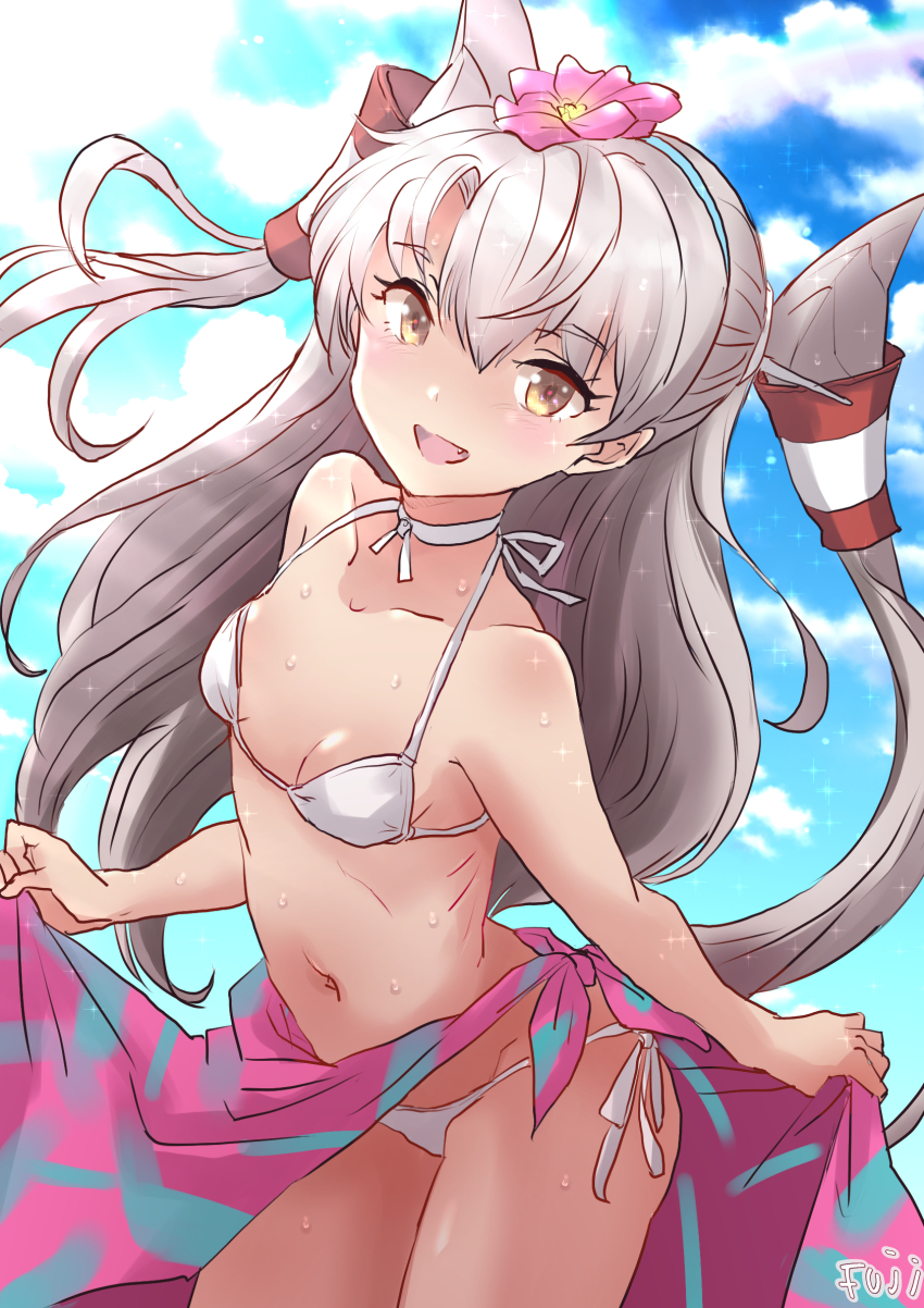 1girl amatsukaze_(kancolle) bikini blue_sky breasts brown_eyes choker cloud cowboy_shot flower fuji_(pixiv24804665) grey_hair hair_flower hair_ornament hair_tubes highres kantai_collection long_hair navel open_mouth sarong_hold side-tie_bikini_bottom sky small_breasts smile solo swimsuit two_side_up white_bikini white_choker