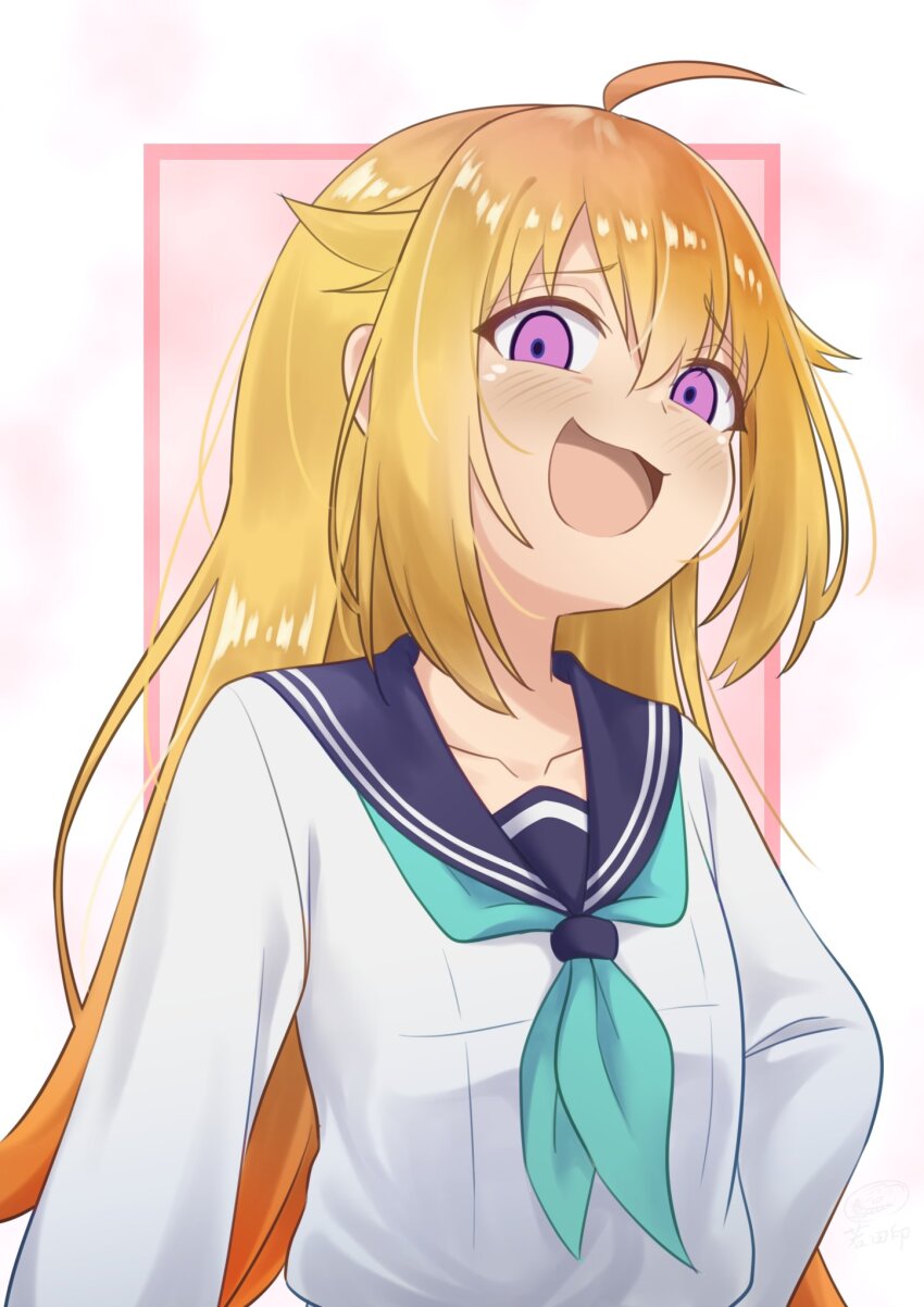 ahoge aqua_neckerchief blonde_hair blue_neckerchief blue_sailor_collar hair_flaps highres hino_minami_high_school_uniform koshi_torako long_hair long_sleeves neckerchief open_mouth purple_eyes sailor_collar school_uniform serafuku shikanoko_nokonoko_koshitantan shirt smile wakata24s white_shirt