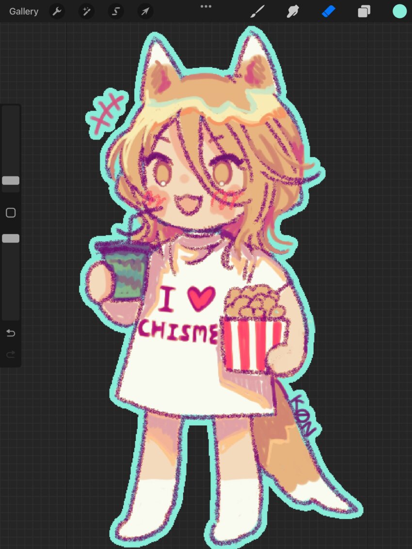 1girl animal_ears art_program_in_frame blonde_hair cup disposable_cup drinking_straw food fox_ears fox_girl fox_tail highres k0nfette kudamaki_tsukasa orange_eyes popcorn shirt solo tail touhou white_shirt