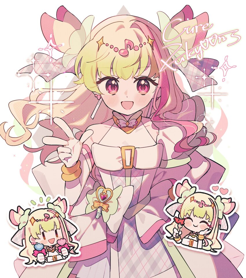 1girl :d beads blush blush_stickers bow bracelet character_name chibi chibi_inset closed_eyes closed_mouth colored_tips commentary_request cure_zukyuun dress earrings eating eighth_note elbow_gloves food fork fortissimo gloves glowstick gold_bracelet green_hair green_scrunchie hair_beads hair_extensions hair_ornament hair_ribbon hair_scrunchie halftone halter_dress halterneck hand_on_own_face happy heart highres holding holding_fork holding_glowstick jewelry kannagi6 kimi_to_idol_precure layered_dress long_hair looking_at_viewer magical_girl multicolored_hair multiple_bracelets multiple_earrings multiple_views musical_note musical_note_hair_ornament notice_lines open_mouth outline pink_eyes plaid_clothes plaid_dress plaid_ribbon pleated_sleeves precure purirun_(precure) ribbon scrunchie single_bare_shoulder single_sleeve smile sparkle star_(symbol) upper_body w waist_bow watermark white_background white_bow white_dress white_gloves white_outline |_|