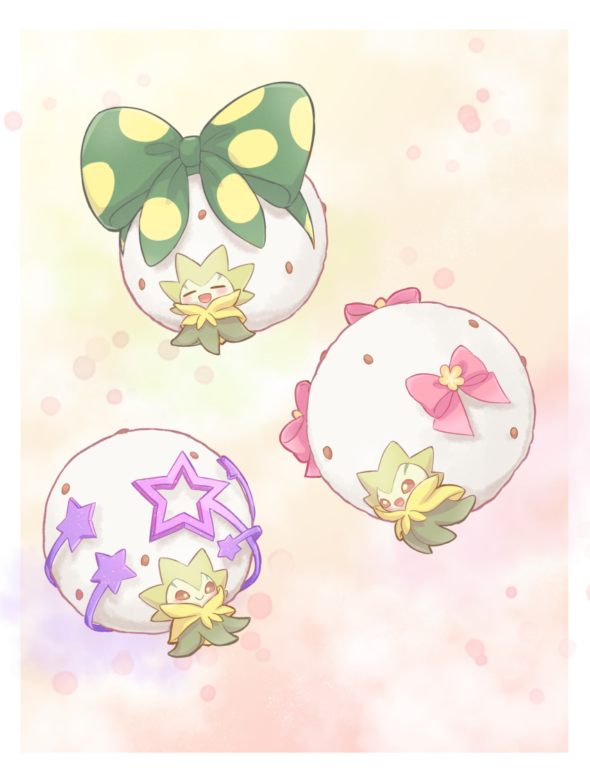 025sakura393 :d bow bright_pupils brown_eyes closed_eyes closed_mouth commentary_request eldegoss eldegoss_(big_ribbon) eldegoss_(fashionable) eldegoss_(space) gen_8_pokemon green_bow highres nintendo no_humans open_mouth pink_bow pokemon pokemon_(creature) smile spotted_bow white_pupils yellow_background