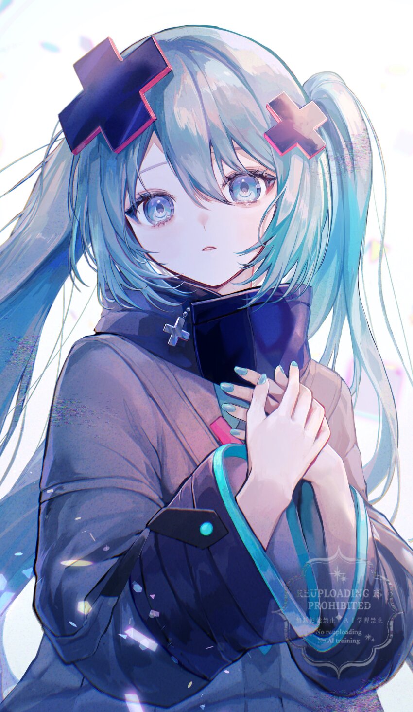 1girl absurdres black_jacket blue_eyes blue_hair blue_nails blue_stripes cross falling_petals hair_between_eyes hair_ornament hairpin hatsune_miku highres jacket kowareta_sekai_to_utaenai_miku long_hair looking_at_viewer open_mouth own_hands_together petals pink_stripes pipi_(pipinavigation) project_sekai sidelocks simple_background solo striped_clothes striped_jacket twintails very_long_hair vocaloid white_background wide_sleeves