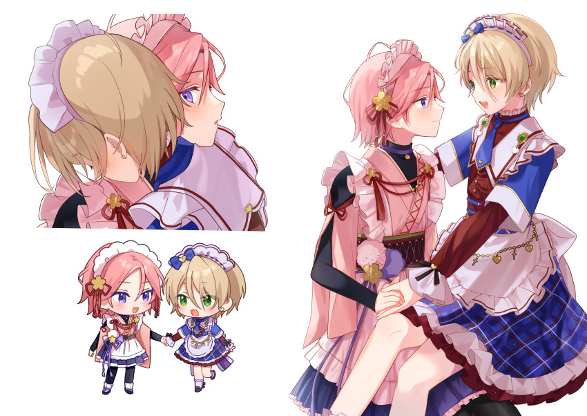 2boys absurdres apron blonde_hair blue_bow blue_dress blue_necktie bow chibi closed_mouth crossdressing dress ensemble_stars! green_eyes head_on_another&#039;s_shoulder highres holding_hands looking_at_another maid_apron maid_headdress multiple_boys multiple_views necktie open_mouth oukawa_kohaku pink_hair purple_eyes shiratori_aira_(ensemble_stars!) shisokonbu short_hair simple_background sitting sitting_on_lap sitting_on_person smile white_background yaoi