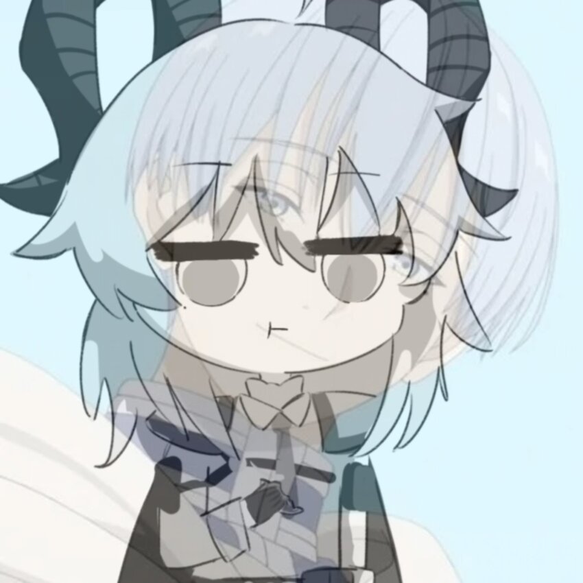 1boy 1girl anime_screenshot_inset arm_pouch armband chest_harness cryne curled_horns donut food gloves grey_hair greyscale harness highres himmel_(sousou_no_frieren) holding holding_donut holding_food horns jacket jacket_on_shoulders long_hair looking_down monochrome shirt sousou_no_frieren wuthering_waves zani_(wuthering_waves) zoom_layer