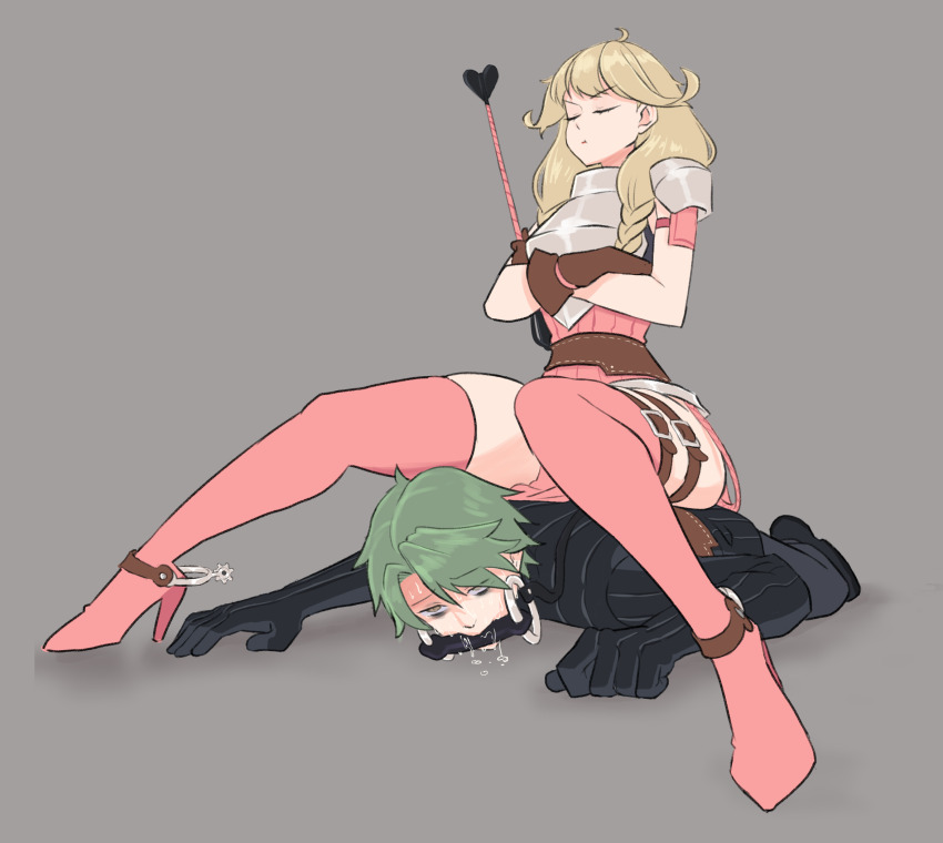 1boy 1girl alm_(fire_emblem) armada971 bare_arms bdsm bit_gag bondage bound brown_hair crossed_arms faye_(fire_emblem) femdom fire_emblem fire_emblem_echoes:_shadows_of_valentia gag green_hair grey_background high_heels highres long_hair lying nintendo on_stomach pelvic_curtain pet_play pony_play restrained riding saliva saliva_trail simple_background sitting sitting_on_person slave source_request thighhighs thighs