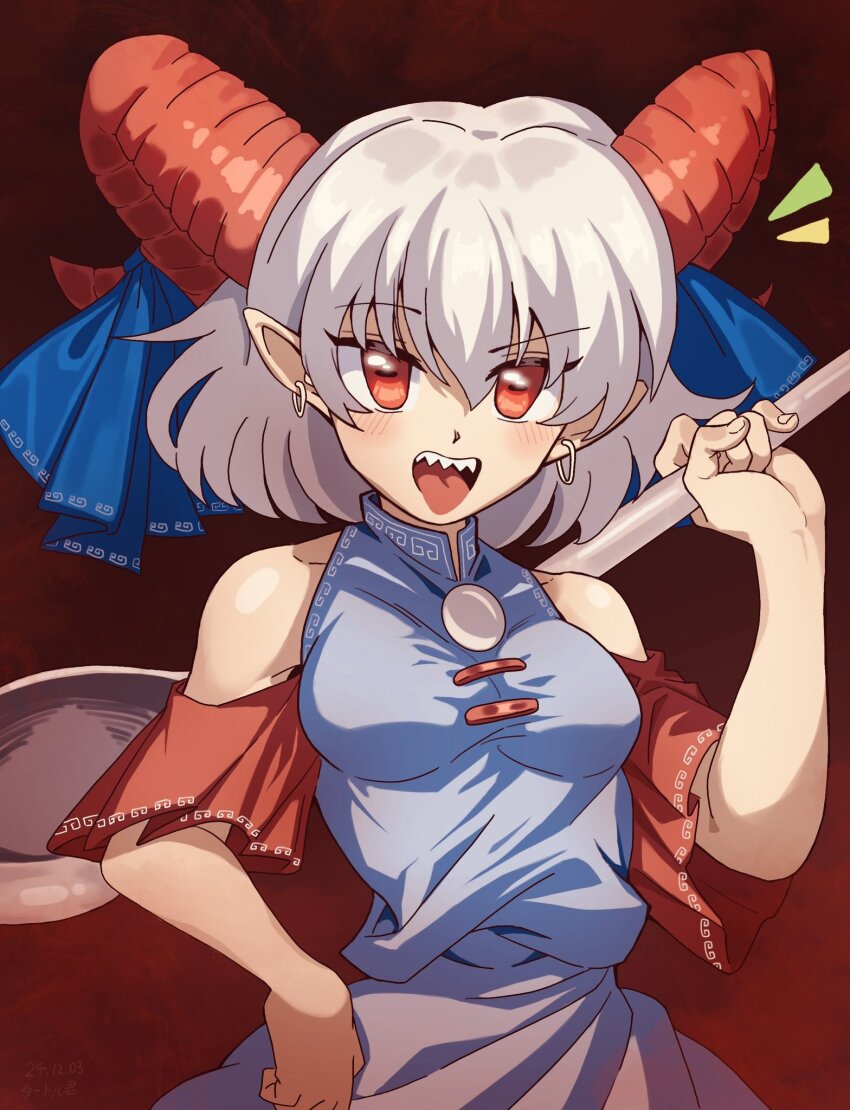 1girl bare_shoulders blue_bow blue_dress bow breasts commentary_request dress earrings eye_print grey_hair highres holding holding_spork horizontal_pupils horn_ornament horn_ribbon horns jewelry mandarin_collar meandros medium_hair oversized_object pointy_ears rectangular_pupils red_background red_eyes red_horns red_sleeves ribbon sharp_teeth sheep_horns small_breasts solo spork teeth tongue tongue_out touhou toutetsu_yuuma turtle-kun upper_body upper_teeth_only utensil