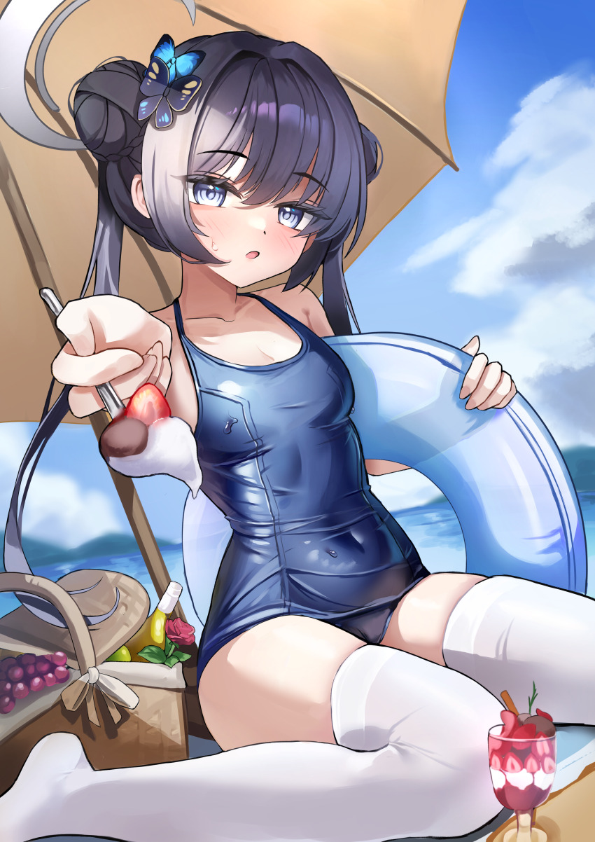 1girl absurdres alternate_costume bare_shoulders basket black_hair blue_archive blue_eyes blue_one-piece_swimsuit blush bottle butterfly_hair_ornament covered_navel double_bun food fruit grapes hair_between_eyes hair_bun hair_ornament highres holding holding_spoon holding_swim_ring innertube kisaki_(blue_archive) long_hair mikiri ocean one-piece_swimsuit open_mouth parfait sidelocks sitting solo spoon sweatdrop swim_ring swimsuit thighhighs twintails wariza white_thighhighs