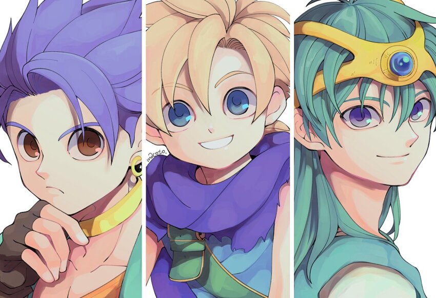 29qmatatavi 3boys blonde_hair blue_eyes blue_gemstone blue_hair blue_tunic brown_eyes cape child cloak collarbone commentary_request dragon_quest dragon_quest_iv dragon_quest_v dragon_quest_vi earrings gem green_hair green_tunic headset hero&#039;s_son_(dq5) hero_(dq4) hero_(dq6) jewelry long_hair looking_at_viewer low_ponytail male_focus medium_hair multiple_boys neck_ring parted_lips ponytail purple_cape purple_cloak smile spiked_hair tunic upper_body