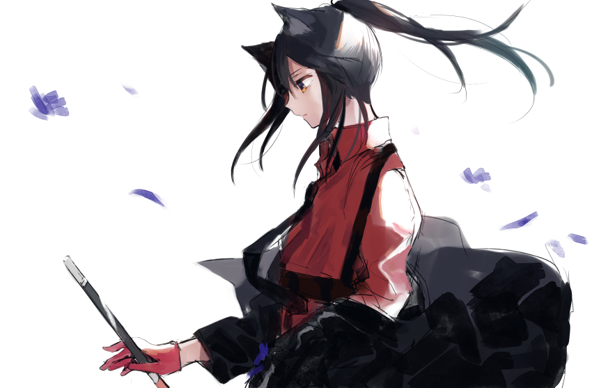 1girl absurdres animal_ears arknights bad_id bad_pixiv_id black_hair black_jacket black_necktie collared_shirt commentary english_commentary falling_petals floating_hair flower from_side gloves hand_up highres holding holding_sword holding_weapon jacket long_hair looking_away matsuzaka_(matsuzakagyu_29) necktie off_shoulder official_alternate_costume orange_eyes petals ponytail profile purple_flower red_gloves red_shirt shirt simple_background solo standing sword texas_(arknights) texas_(willpower)_(arknights) upper_body weapon white_background wolf_ears