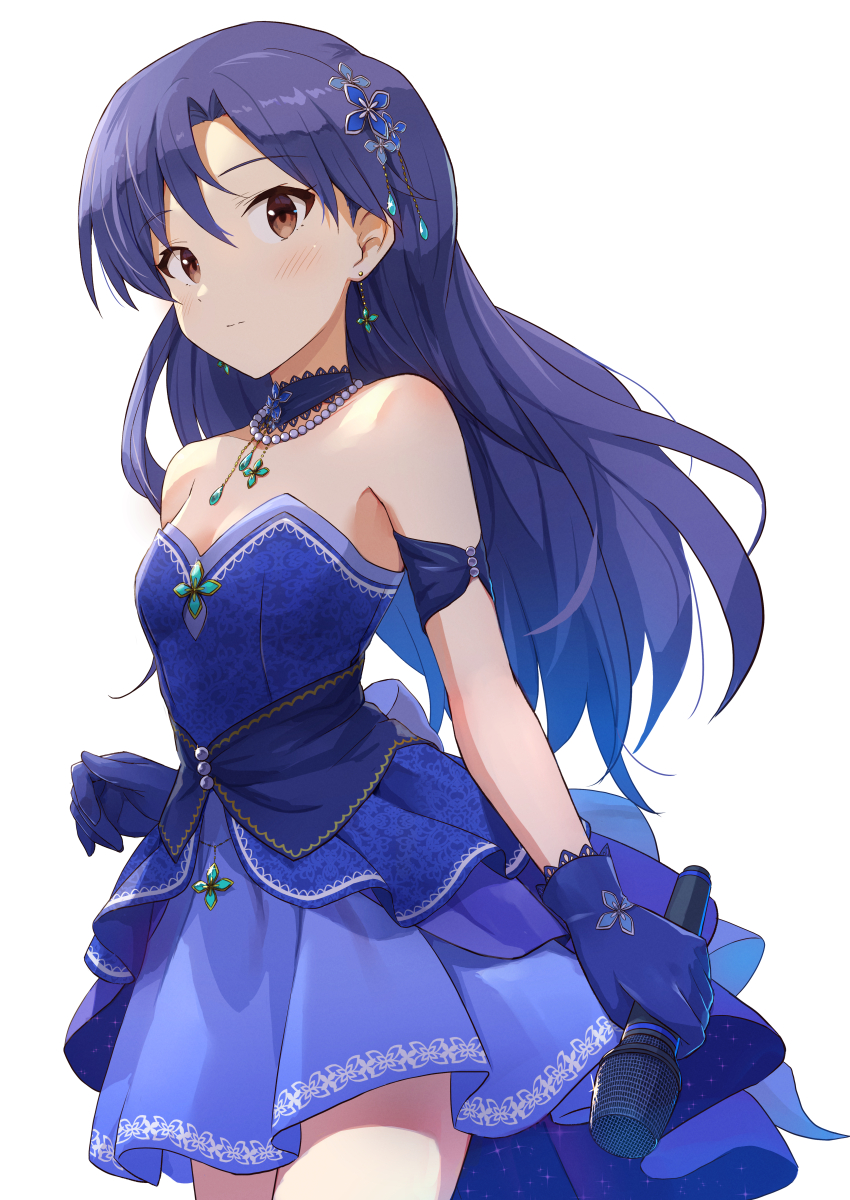 1girl absurdres blue_choker blue_dress blue_gloves blue_hair breasts brown_eyes choker cleavage closed_mouth collarbone cowboy_shot dress earrings gloves hair_ornament highres holding holding_microphone idolmaster idolmaster_(classic) idolmaster_million_live! idolmaster_million_live!_theater_days jewelry kisaragi_chihaya kisaragi_chihaya_(brilliant_diva) long_hair microphone necklace shuucream_(syuichi) small_breasts solo strapless strapless_dress white_background