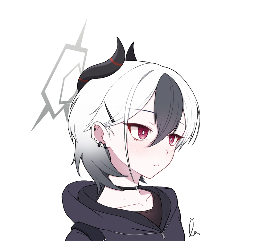 1girl alternate_hair_length alternate_hairstyle black_choker black_hair black_hoodie black_horns blue_archive blush choker collarbone commentary demon_horns ear_piercing earrings hair_between_eyes halo highres hood hood_down hoodie horns jewelry kayoko_(blue_archive) lenslans parted_lips piercing portrait red_eyes short_hair signature simple_background solo white_background white_hair