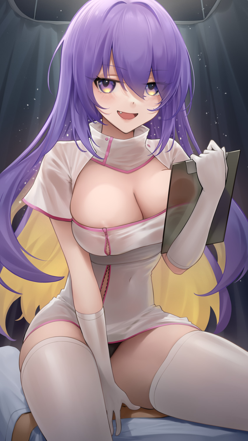 1girl absurdres alternate_costume blush breasts cleavage clipboard colored_inner_hair commentary dress fang gloves hair_between_eyes hair_intakes highres holding holding_clipboard hololive hololive_indonesia large_breasts looking_at_viewer moona_hoshinova multicolored_hair nurse open_mouth privacy_screen purple_eyes purple_hair see-through_clothes see-through_dress short_sleeves smile solo somebody_(leiking00) thighhighs thighs virtual_youtuber white_dress white_gloves white_thighhighs
