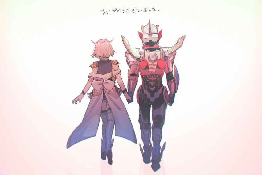 1boy 1girl acceptor aki_(neyuki41028) armor back boots breasts cleavage epaulettes frilled_skirt frills gloves gridman_(character) gridman_universe gridman_universe_(movie) gridman_universe_fighter highres holding holding_hands purple_hair purple_skirt shinjou_akane shinjou_akane_(new_order) shirt short_hair skirt thighhighs tokusatsu walking walking_away white_footwear white_gloves