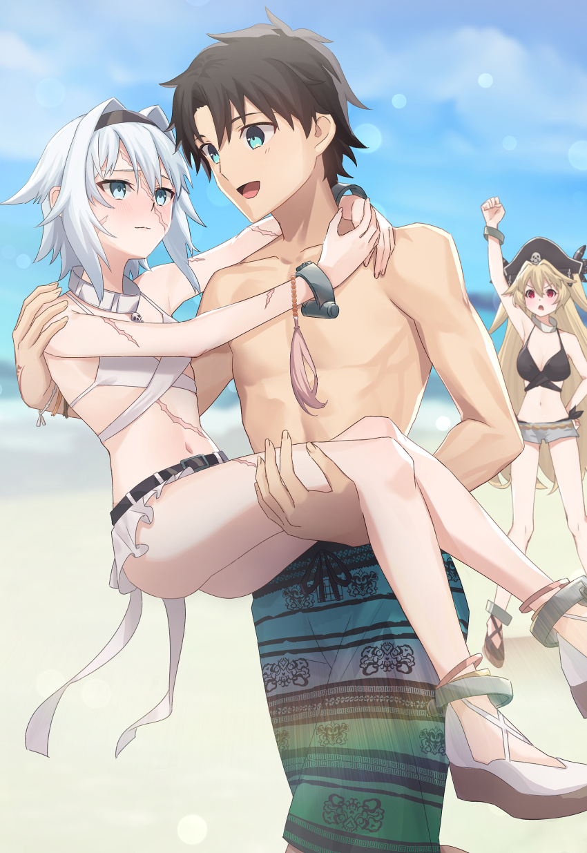 1boy 2girls absurdres anne_bonny_(fate) anne_bonny_(swimsuit_archer)_(first_ascension)_(fate) bare_shoulders beach belt bikini black_bikini black_hair black_hairband black_hat blonde_hair blue_eyes blue_shorts blush breasts carrying cleavage collar collarbone command_spell cuffs denim denim_shorts fate/grand_order fate_(series) fujimaru_ritsuka_(male) fujimaru_ritsuka_(male)_(brilliant_summer) green_shorts hairband hat highres large_breasts long_hair male_swimwear mary_read_(fate) mary_read_(swimsuit_archer)_(first_ascension)_(fate) metal_collar microskirt multiple_girls navel open_mouth pirate_hat princess_carry red_eyes scar scar_on_face short_hair short_shorts shorts sidelocks skirt small_breasts smile swim_trunks swimsuit thighs two_side_up white_bikini white_hair yu_sakae