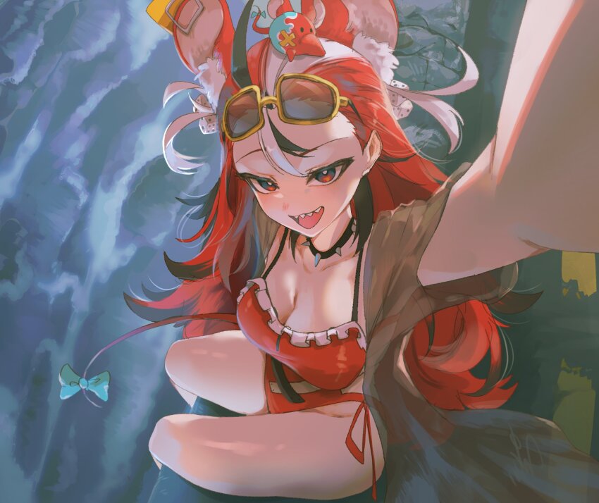 1girl absurdres animal_ears black_streaks blue_eyes bow breasts cleavage dice_hair_ornament eyewear_on_head hair_ornament hakos_baelz highres hololive hololive_english holonatsu_paradise insfidelie large_breasts long_hair looking_at_viewer mouse_ears mouse_girl mouse_on_head mouse_tail mousetrap mr._squeaks_(hakos_baelz) multicolored_hair official_alternate_costume official_alternate_hairstyle one-piece_swimsuit reaching reaching_towards_viewer red_hair red_one-piece_swimsuit sharp_teeth sitting solo sunglasses swimsuit tail tail_bow tail_ornament teeth virtual_youtuber white_hair