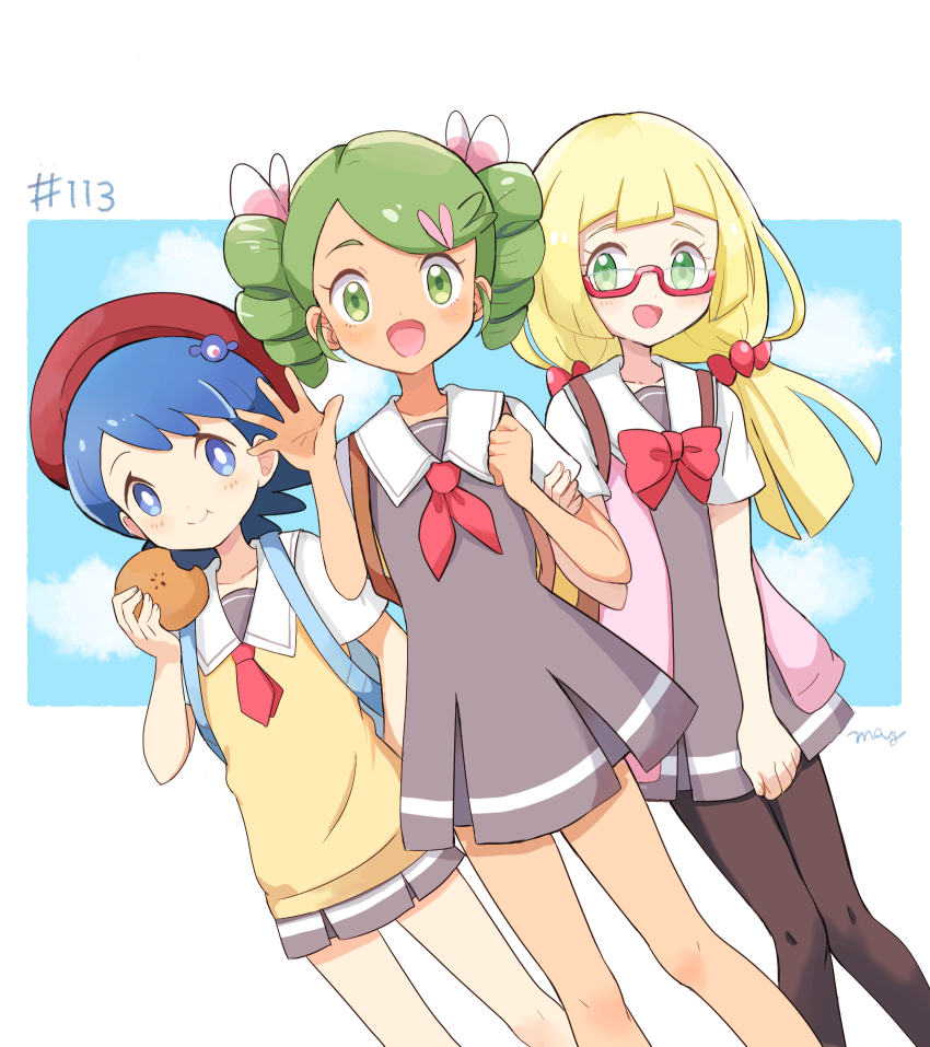 3girls alternate_costume bad_id bad_pixiv_id black_legwear blonde_hair blue_eyes blue_hair blunt_bangs braid creatures_(company) dark-skinned_female dark_skin game_freak glasses green_eyes green_hair highres lana_(pokemon) legs_together lillie_(pokemon) mallow_(pokemon) mei_(maysroom) multiple_girls nintendo pantyhose pokemon pokemon_(anime) pokemon_sm113 pokemon_sm_(anime) school_uniform standing swept_bangs tagme twin_braids
