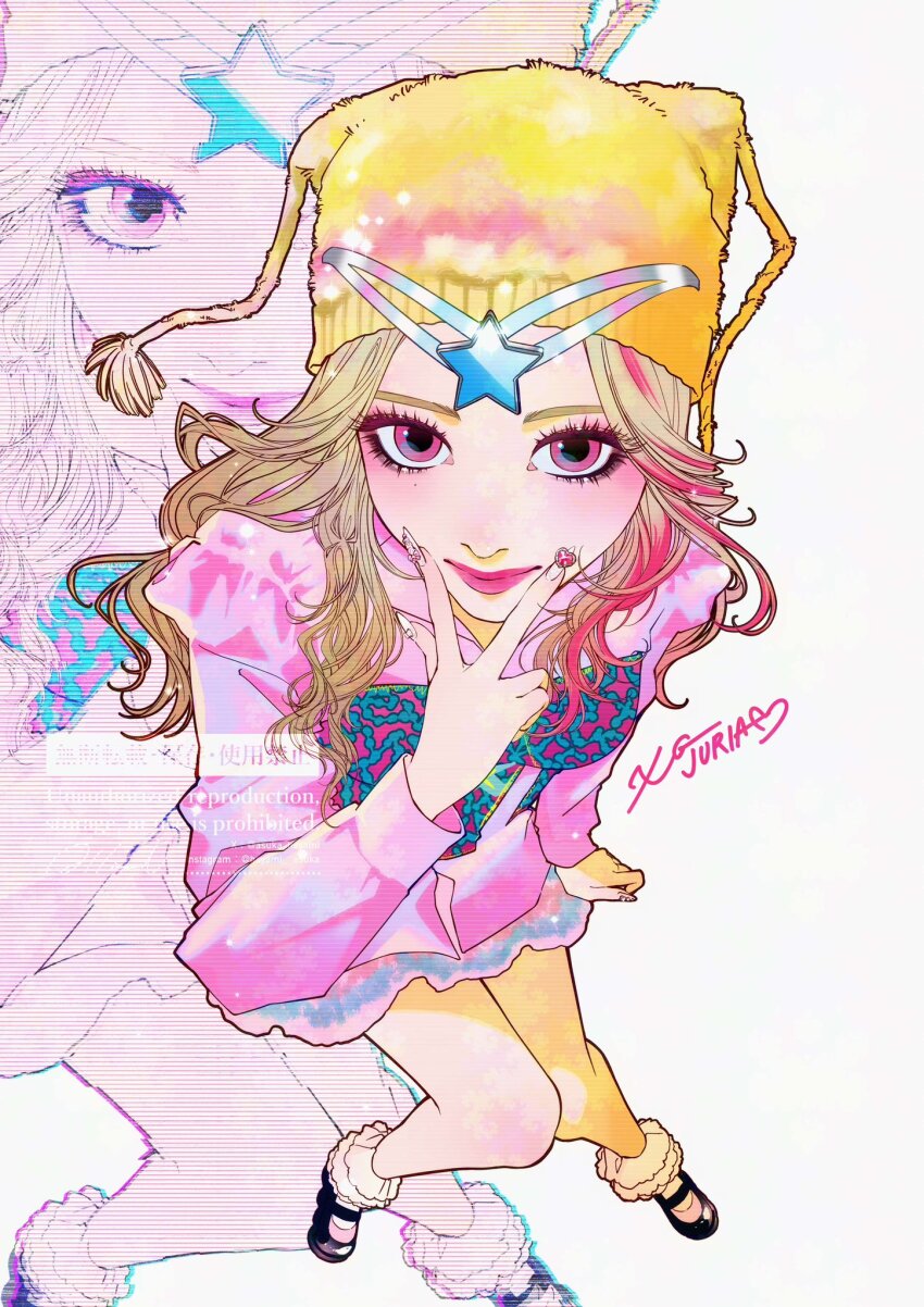 1girl blonde_hair commentary eyelashes from_above hat highres juria_(xg) k-pop long_sleeves looking_at_viewer mole pink_eyes pink_lips pink_shirt pink_streaks real_life sakana_akami shirt signature socks solo three-finger_salute white_socks xg_(group)