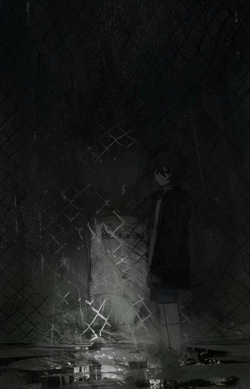 1boy chain-link_fence character_name chinese_commentary commentary_request fence greyscale heibaihuabing highres isoi_haruki long_sleeves male_focus monochrome night outdoors puddle rain saibou_shinkyoku short_hair shorts socks solo tombstone