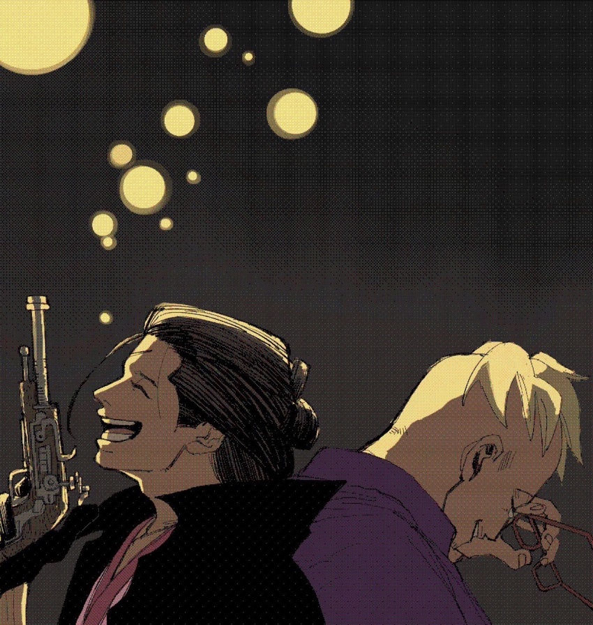 2boys black_gloves blonde_hair closed_eyes commentary crying facial_hair gloves gun hair_ornament highres holding holding_gun holding_removed_eyewear holding_weapon izou_(one_piece) long_hair male_focus marco_(one_piece) mohawk multiple_boys one_piece open_mouth pojinoki short_hair teeth unworn_eyewear weapon