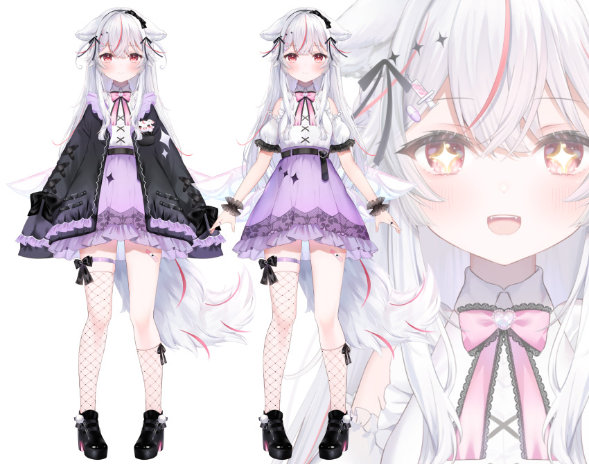 +_+ 1girl :d absurdres animal_ear_fluff animal_ears black_bow black_footwear black_hairband black_jacket blush bow closed_mouth commentary_request detached_sleeves fangs fishnet_socks fishnet_thighhighs fishnets frilled_jacket frills grey_hair guild_cq hair_bow hairband high_heels highres jacket kneehighs kurenagi_eri long_hair long_sleeves multicolored_hair multiple_views open_clothes open_jacket open_mouth puffy_short_sleeves puffy_sleeves purple_skirt red_eyes red_hair rucaco shirt shoes short_sleeves simple_background single_kneehigh single_sock single_thighhigh skirt sleeves_past_fingers sleeves_past_wrists smile socks standing streaked_hair tail thighhighs very_long_hair virtual_youtuber white_background white_shirt white_sleeves wrist_cuffs